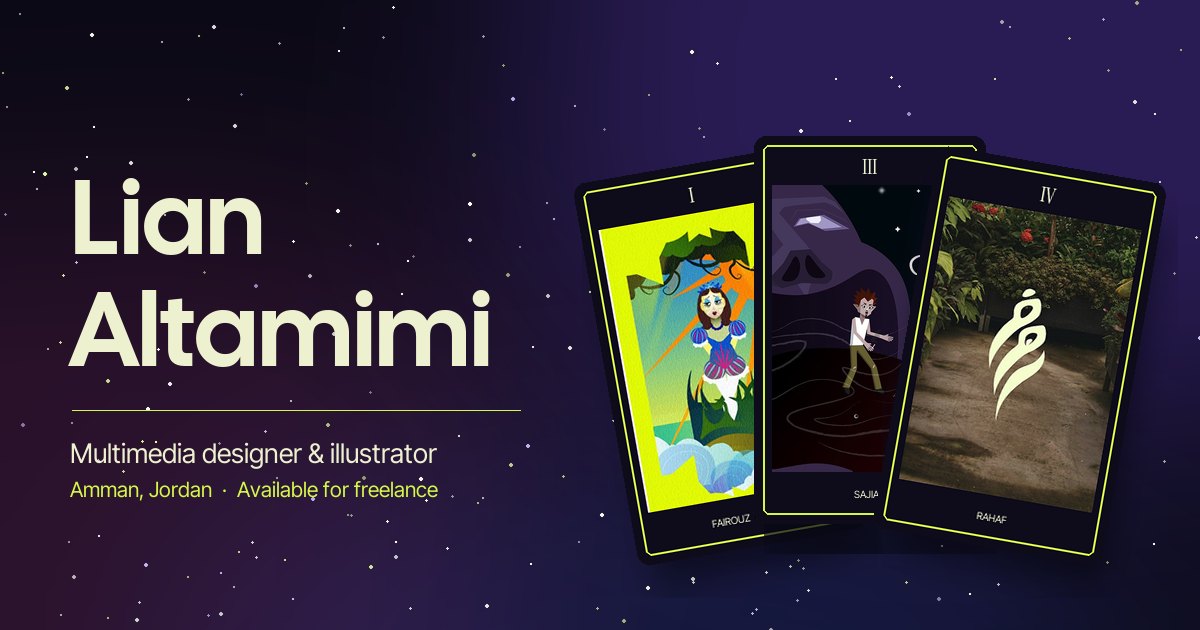 Lian Altamimi's portfolio: her name beside a fan of tarot cards on a night sky
