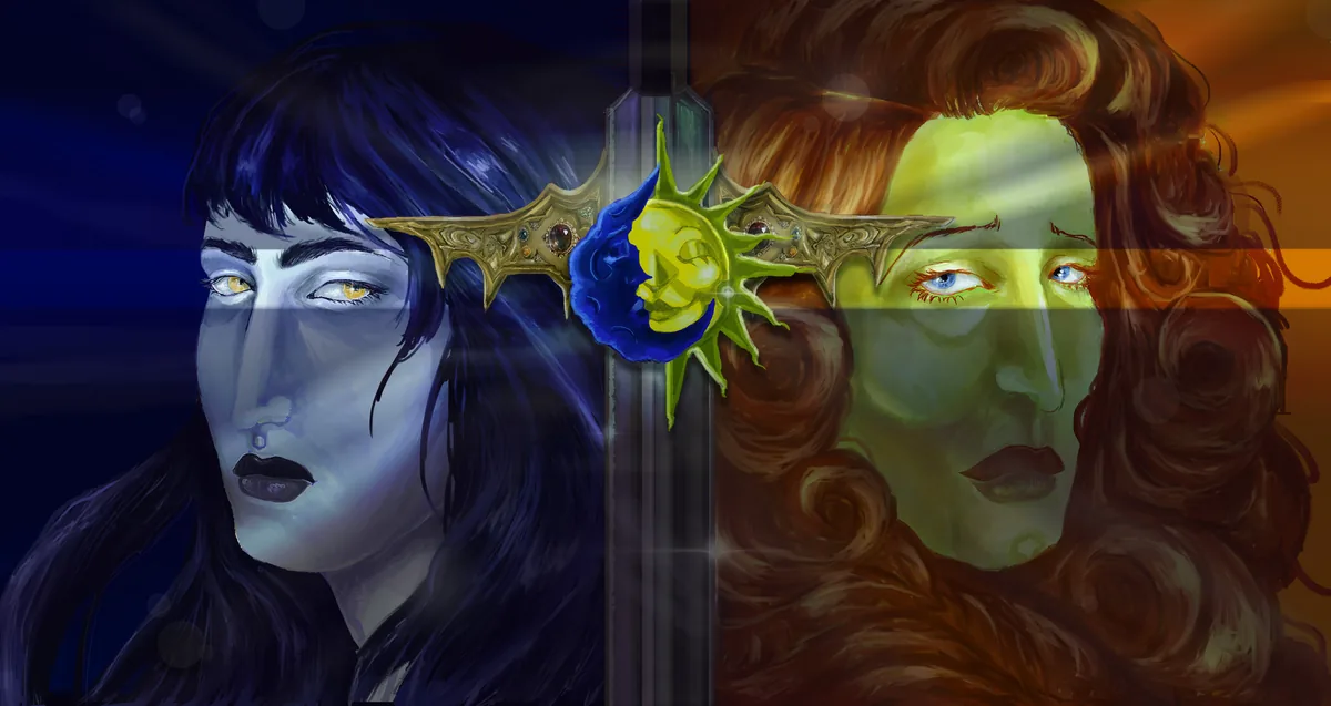 Digital painting of a sun and moon