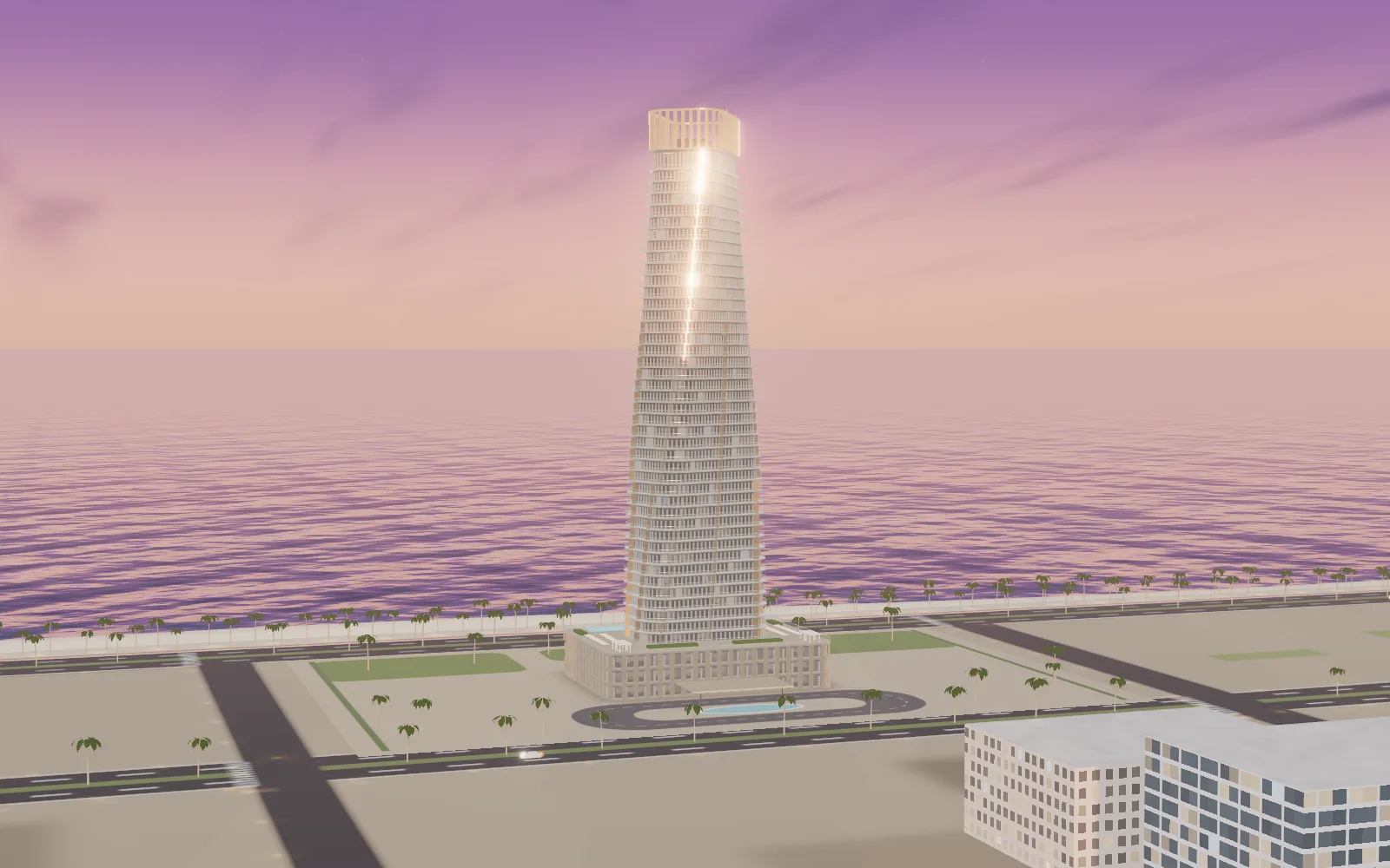 The tower at dawn in soft pink light