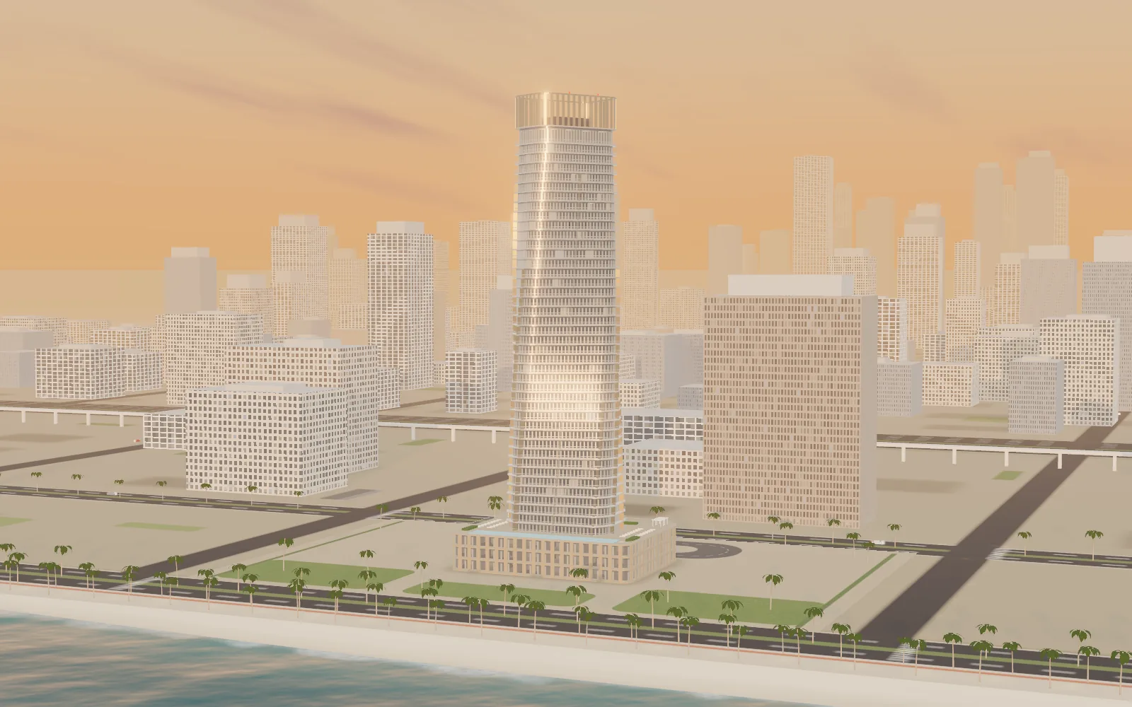 The tower at golden hour, seen from over the sea